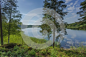 Gorgeous view of forest lake landscape on blue sky and white clouds background. Sweden.