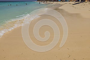 Gorgeous view of sandy Eagle Beach of Atlantic Ocean on island of Aruba.