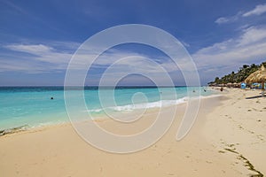 Gorgeous view of sandy Eagle Beach of Caribbean sea on island of Aruba.