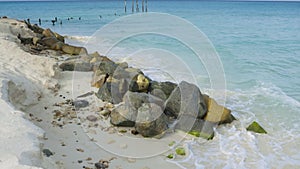 Gorgeous view of white sand coastline and turquoise waves of Atlantic Ocean. Eagle Beach of Aruba Island.