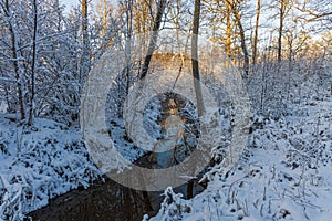 Gorgeous view of winter nature landscape. Stream in winter forest. Beautiful nature landscape. Trees reflection on water.