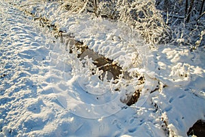 Gorgeous view of winter nature landscape. Stream in winter forest. Beautiful nature landscape. Trees reflection on water.