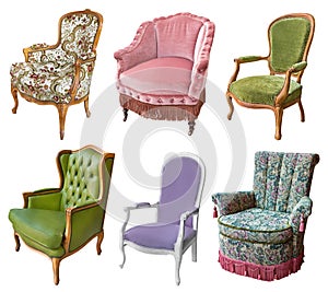 Gorgeous vintage armchairs isolated on white background