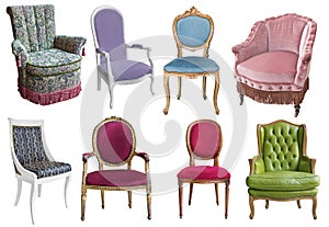Gorgeous vintage armchairs isolated on white background. Armchairs with color, green and purple upholstery