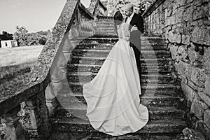 Gorgeous wedding couple embracing on stone stairs near old castle in park. Stylish beautiful bride in amazing gown and groom