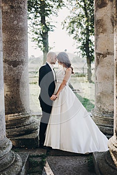 Gorgeous wedding couple embracing in sunlight near old castle in beautiful park. Stylish beautiful bride and groom gently hugging