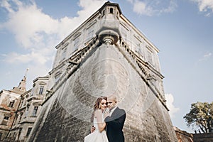 Gorgeous wedding couple embracing in sunlight near old castle in beautiful park. Stylish beautiful bride and groom gently hugging