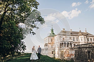 Gorgeous wedding couple walking in sunlight near old castle in beautiful park. Stylish beautiful bride and groom posing on