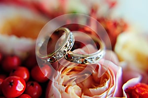 Gorgeous wedding rings with patterns on a bright wedding bouquet, close-up. Two gold rings on a blurred background of scarlet