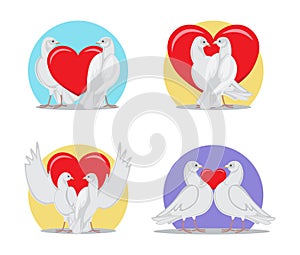 White Doves Couples with Heart Illustrations Set