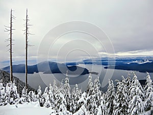 A gorgeous winter landscape on Cypress Mountain overlooking the ocean below