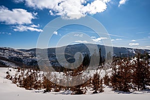 Gorgeous winter landscape in the mountains with sun, Slovakia and Beskids