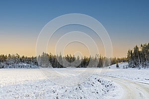 Gorgeous winter nature landscape view. Bend of country road and green forest trees on blue sky background