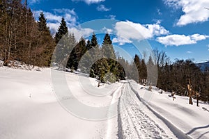 Nádherná zimní cesta v horách pod sněhem v Beskydech, Slovensko Beskydy, Beskydy