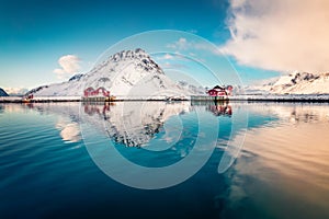 Gorgeous winter sunrise on small fishing village - Ramberg, Lofoten Islands, Norway, Europe