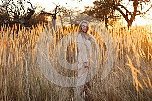 A gorgeous woman in an autumn field illuminated by the warm sun of an evening sunset. Golden ears of corn. Autumn