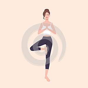 Gorgeous woman practicing Hatha yoga and zen meditation. Pretty female cartoon character standing in Tree pose and