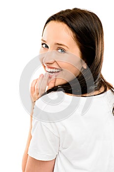 gorgeous young girl smiling flirting isolated on white background