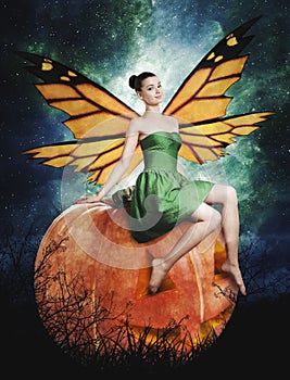 Gorgeous young woman as halloween pumpkin fairy