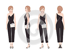 Gorgeous young woman with elegant hairstyle wearing elegant jumpsuit for formal occasion or party. Female character