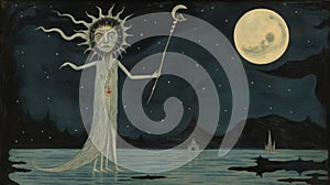 Gorgon Haunted By The Moon: A Haunting Illustration In The Style Of Hugo Simberg