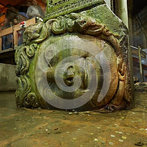 Gorgon Medusa head in underground Basilica Cistern the largest ancient water reservoirs, Istanbul, Turkey