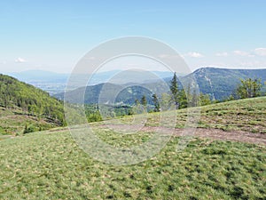 Gorgous view of Klimczok mount in Silesian Beskids Mountains range landscape near european Bielsko-Biala city, Poland