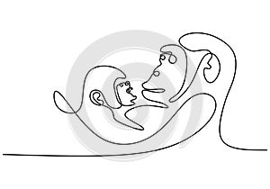 Gorilla animal one line drawing. Mother and baby. Continuous hand drawn minimalism art of ape