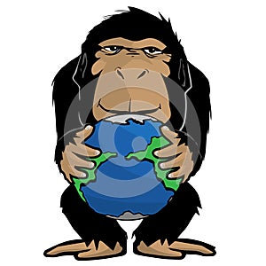 Gorilla ape holding a globe or earth