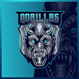 Gorilla Apes mascot esport logo design illustrations vector template, Gorilla animal logo for team game streamer youtuber banner