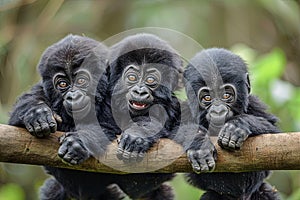 Gorilla Baby group of animals hanging out on a branch, cute, smiling, adorable Generative AI