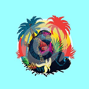 Gorilla with banana and a machine gun on his back on a tropical beach. Cyberpunk color style