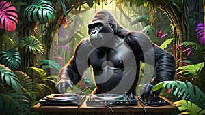 Gorilla DJ performing in a cyberpunk cityscape. DJ turn table console. Disco edm party, night club. Generative AI.