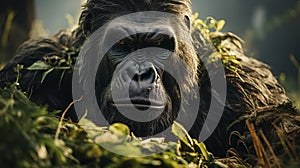 A gorilla eating grass. Generative AI.