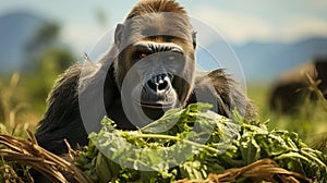 A gorilla eating grass. Generative AI.