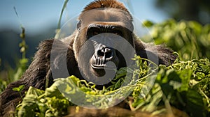 A gorilla eating grass. Generative AI.