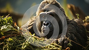 A gorilla eating grass. Generative AI.