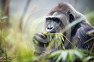 gorilla eating misty morning forest vegetation