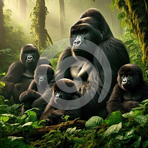 Gorilla family sit during respite, as they travel the mountain forests