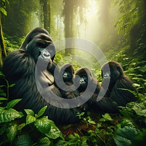 Gorilla family sit during respite, as they travel the mountain forests