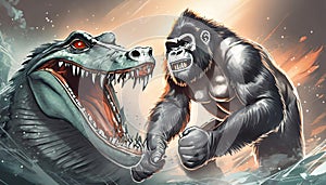 A gorilla fighting an alligator.