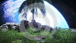 Gorilla idle on the moon oasis. 3d rendering.