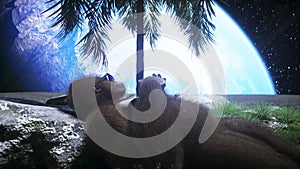 Gorilla idle on the moon oasis. 3d rendering.