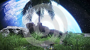 Gorilla idle on the moon oasis. 3d rendering.