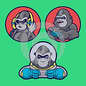 Gorilla listen to music, play games and become an astronaut animal logo