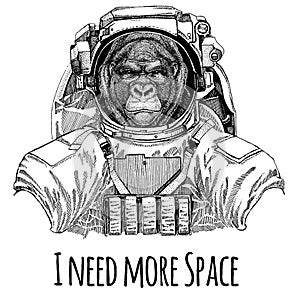 Gorilla, monkey, ape Frightful animal Astronaut. Space suit. Hand drawn image of lion for tattoo, t-shirt, emblem, badge