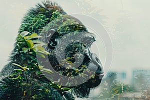 A gorilla overlaid with the lush greenery of a tropical rainforest in a double exposure