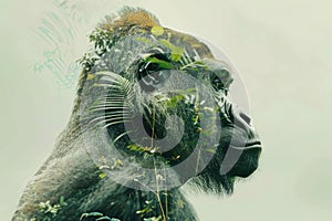 A gorilla overlaid with the lush greenery of a tropical rainforest in a double exposure