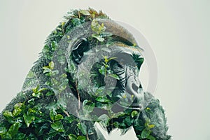 A gorilla overlaid with the lush greenery of a tropical rainforest in a double exposure