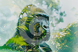 A gorilla overlaid with the lush greenery of a tropical rainforest in a double exposure